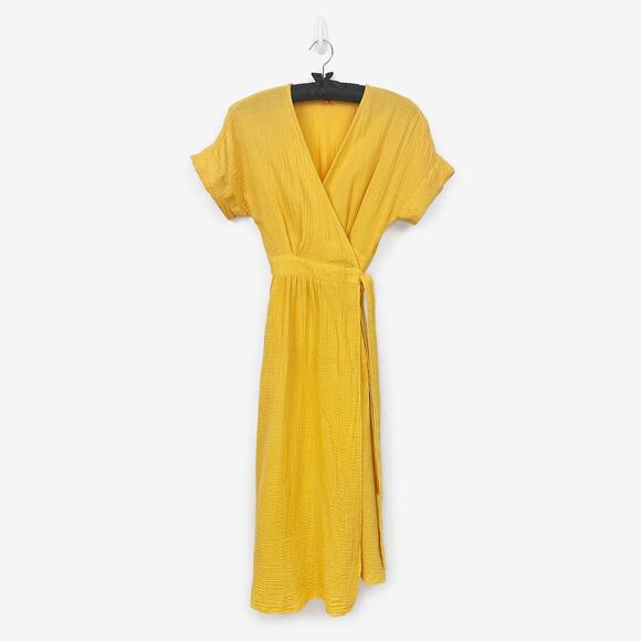 Marine Layer Valencia Wrap Dress Size S Yellow Cotton Midi Pockets Resort Summer - Picture 1 of 4